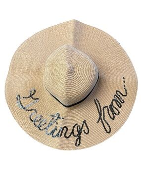 Wide Brim Straw Sun Hat with 'Greetings From' Sequin Script